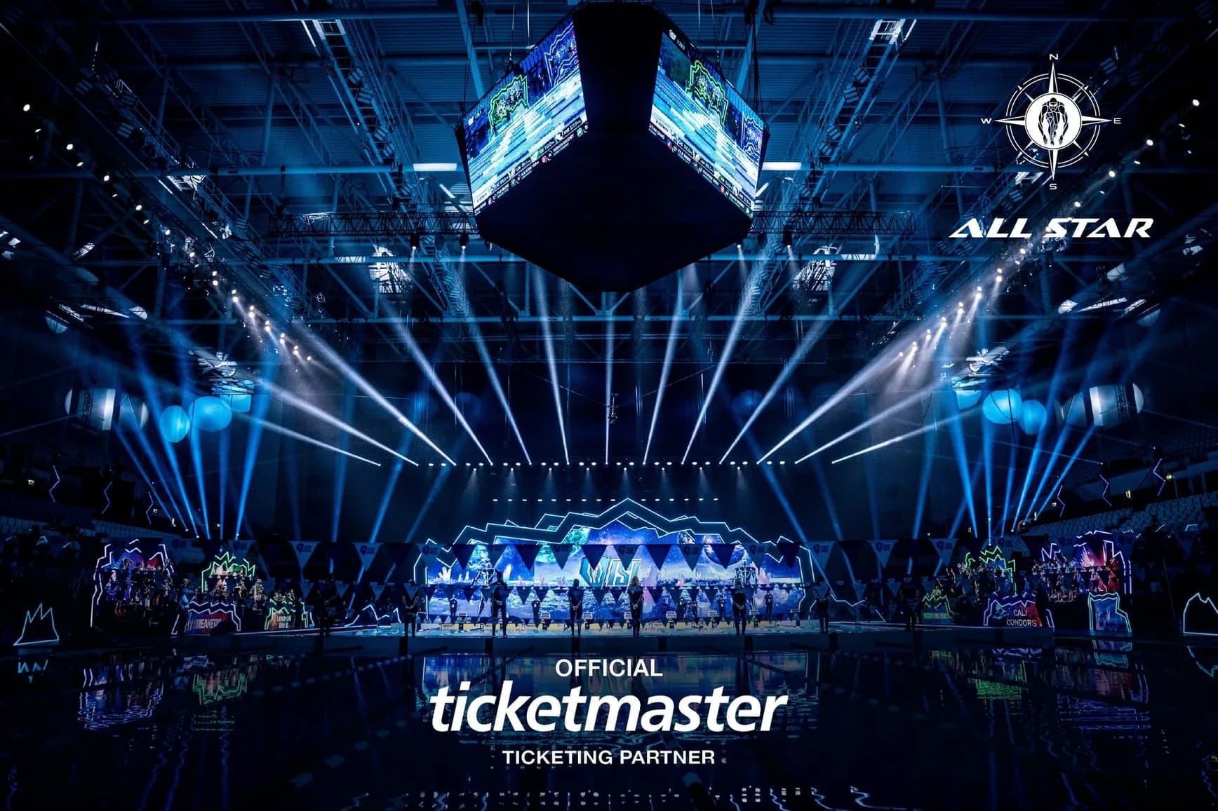ISL arena illuminated in blue with Ticketmaster official ticketing partner branding